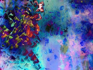 An abstract piece depicting warm, bright coloured fragments hovering over a background of shades of blue and purple.