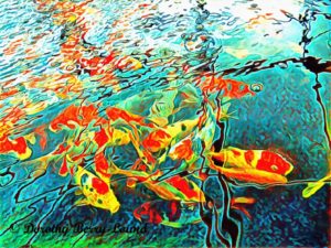 An abstracted picture of colourful red and yellow koi carp