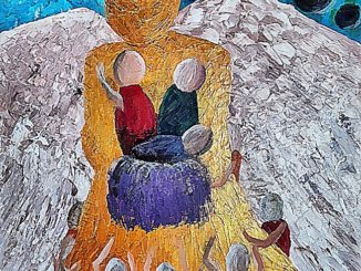 An acrylic painting showing the suggested form of an angel with outstretched wings protecting a group of children from a bombardment of black debris coming from behind the angel. The angel is holding three children in its arms and other children are crowding around the angel with their arms outstretched, begging to be picked up. Some are climbing the angel's robe.