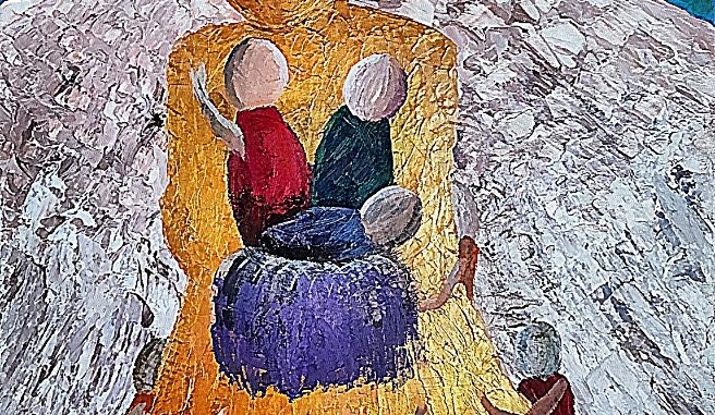 An acrylic painting showing the suggested form of an angel with outstretched wings protecting a group of children from a bombardment of black debris coming from behind the angel. The angel is holding three children in its arms and other children are crowding around the angel with their arms outstretched, begging to be picked up. Some are climbing the angel's robe.