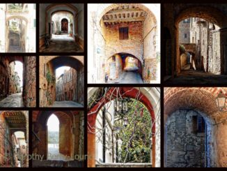 A collage of images of Italian archways, shades of brown with arches showing light and shade, all in a black grid.