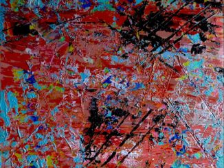 An abstract painting comprising red and turquoise, with hints of other colours under neath and scratches marked into the surface including black scratches in the three areas that are clearly defined.