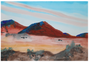 A painting with a view across a plain towards mountains against a blue sky, painted in various shades of brown and burnt sienna with blue highlights.