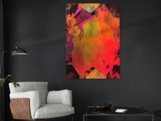 A room view with a striking digital abstract painting in bright fiery colors