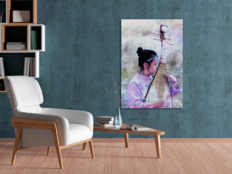 A room with a white armchair and a coffee table and a beige floor, with a grey green wall. On the wall is a print of an image of a chinese girls playing a traditional wooden instrument, the image is in shades of pink and purple.
