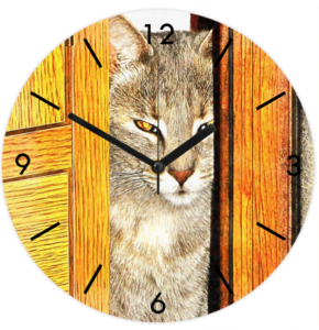 A wall clock with black arms and numbers on the image of a grey tabby cat peeking through a gap in a door.