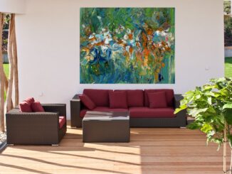 An outdoor seating area with a burgundy and brown sofa. On the wall, a large, bright and lively abstract painting featuring shades of green, gold, bronze and white.