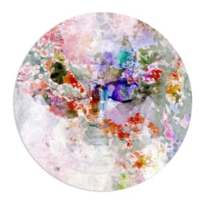 A round wall print featuring a colourful yet relaxing image of the face of a Buddha, with eyes closed.