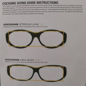 Part of a Cocoons fitover size chart with instructions on how to use it and with two possible sizes of eye glasses.