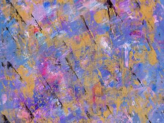 An abstract painting with pink, blue, purple and gold all mingling together and streaks of black paint running diagonally down the canvas.